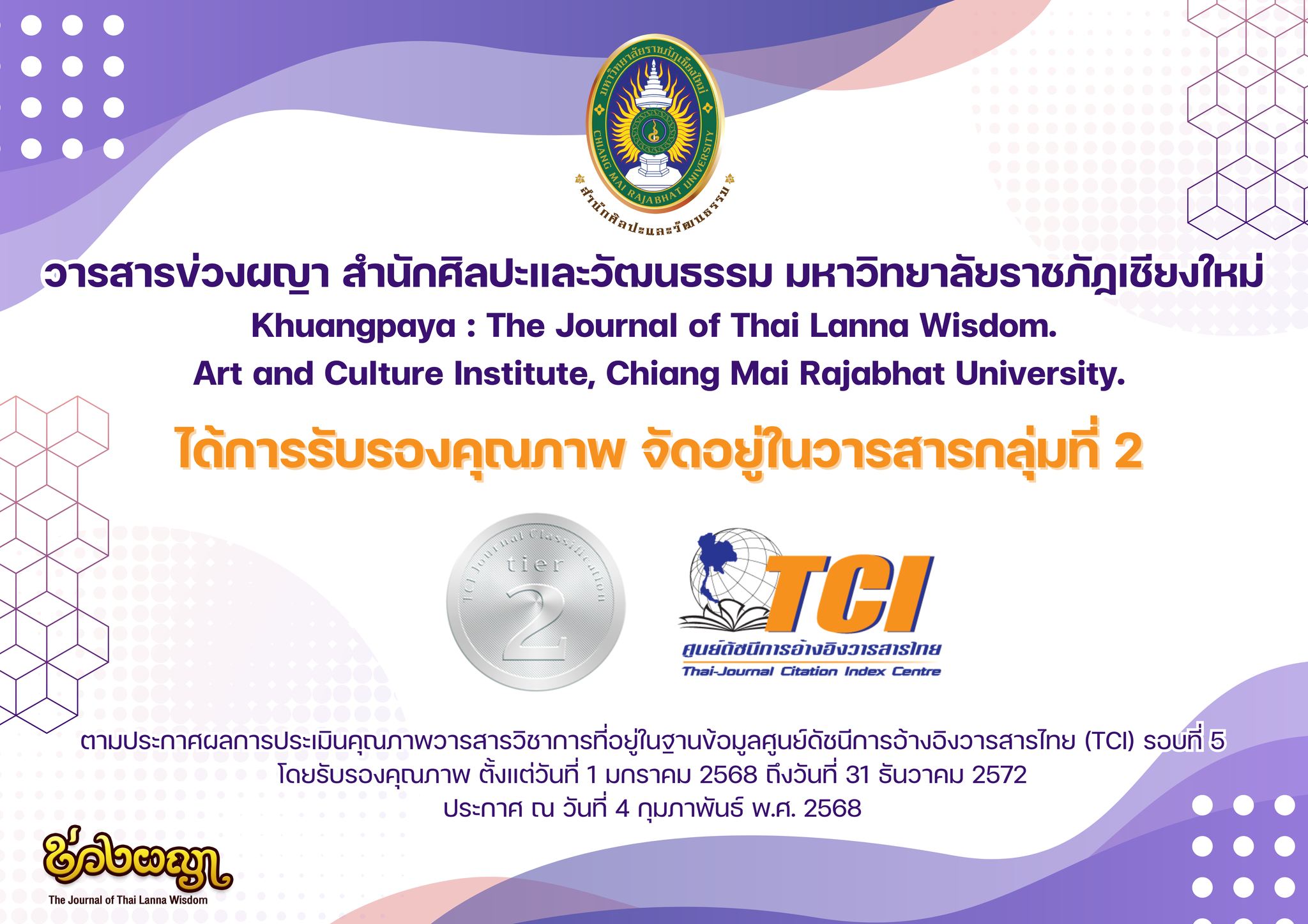 ภาพประกอบ: วารสารข่วงผญา สำนักศิลปะและวัฒนธรรม มหาวิทยาลัยราชภัฏเชียงใหม่ ได้การรับรองคุณภาพ จัดอยู่ในวารสารกลุ่มที่ 2