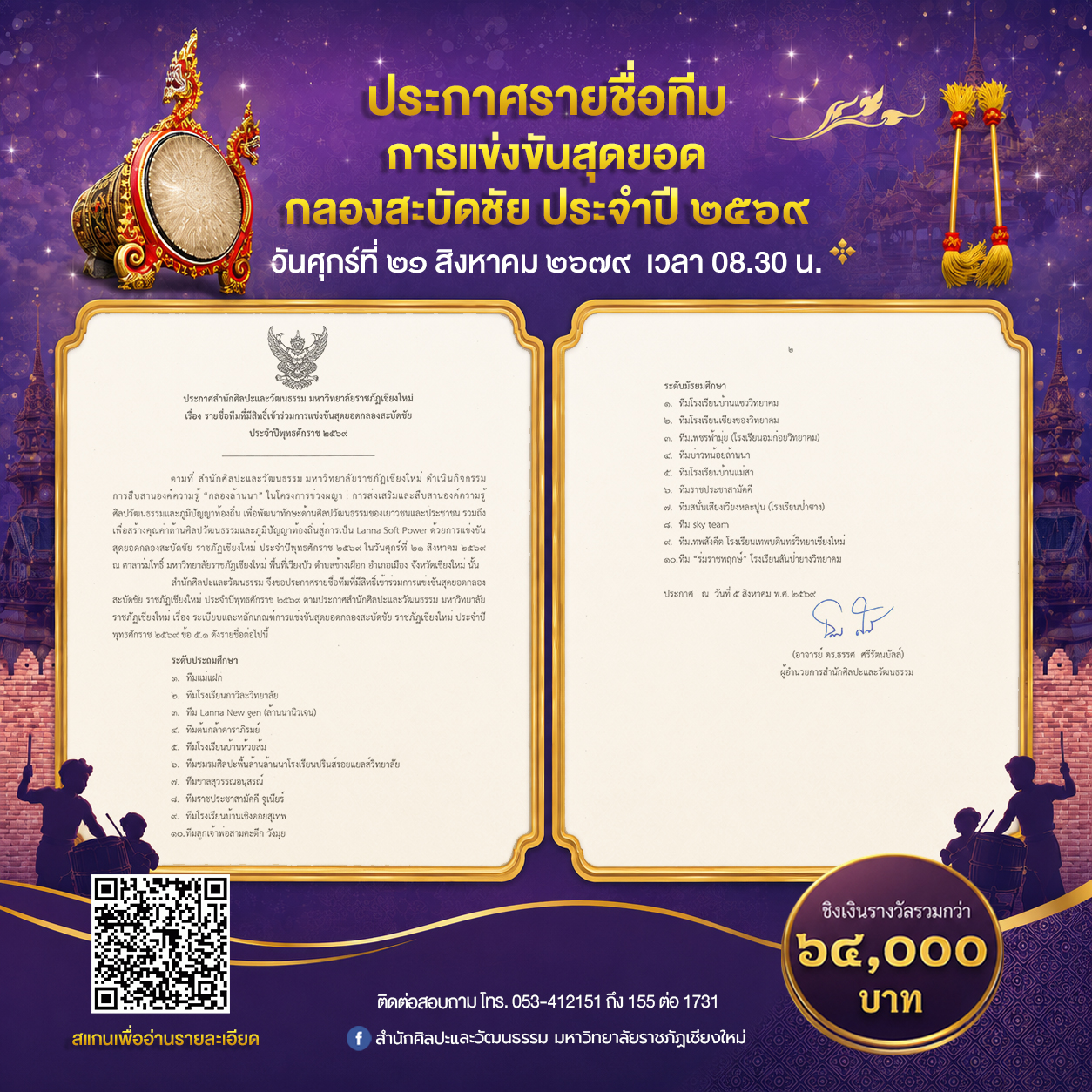 ภาพ: ประกาศรายชื่อทีมที่มีสิทธิ์เข้าร่วมการแข่งขันสุดยอดกลองสะบัดชัย ราชภัฏเชียงใหม่ ประจำปีพุทธศักราช ๒๕๖๙